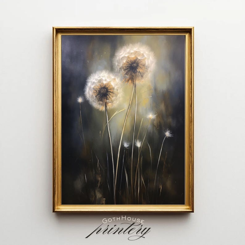 This enchanting printable artwork captures the delicate beauty of glowing dandelions set against a moody, painterly background. Perfect for adding a soft, ethereal touch to your home, this digital download brings botanical elegance to any gallery wall, bedroom, or quiet corner.