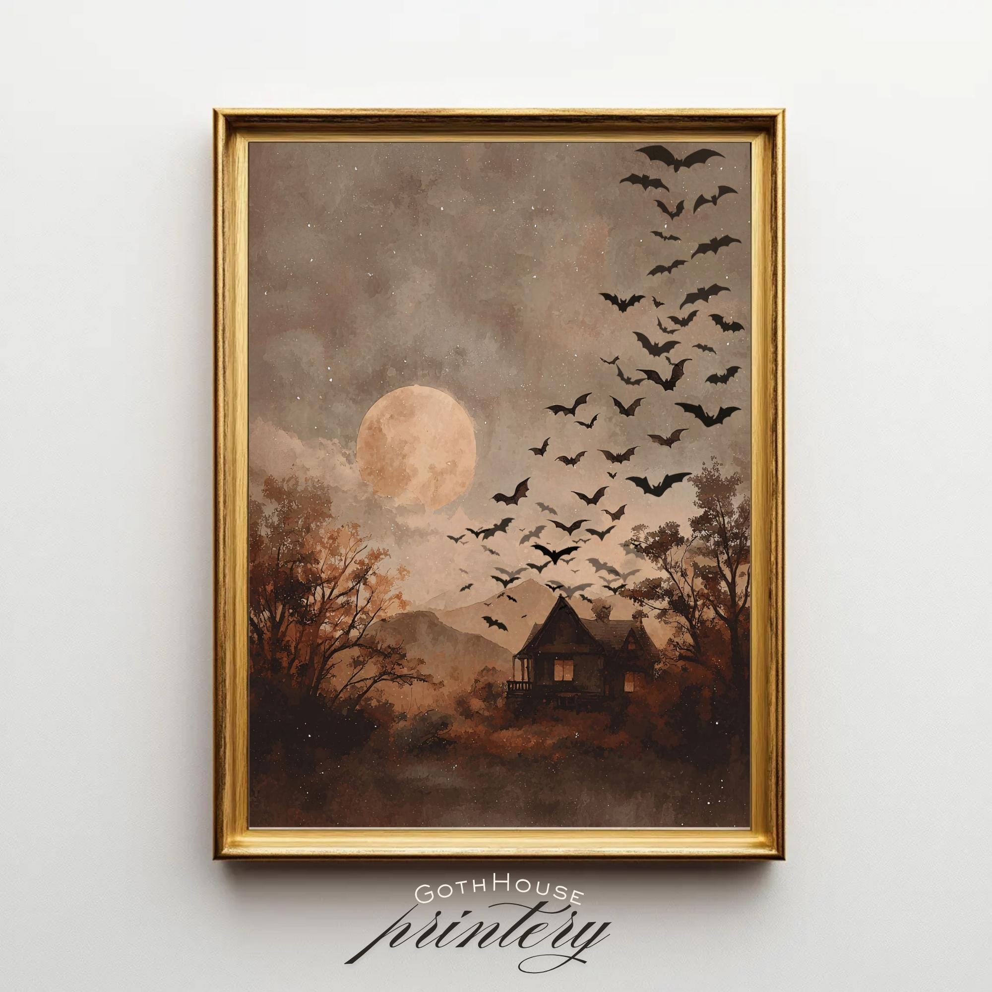 Haunted House Wall Art | Full Moon Halloween Wall Art | Spooky Autumn Wall Decor | Moody Fall Artwork | Rustic Wall Art | Gothic Landscape