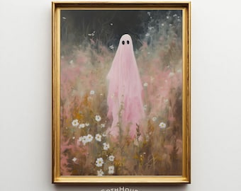 Pink Floral Ghost Painting | Pastel Goth Digital Art Print | Halloween Printable | Spooky Cute Ghost | Whimsigoth Decor | Cottagecore Ghost