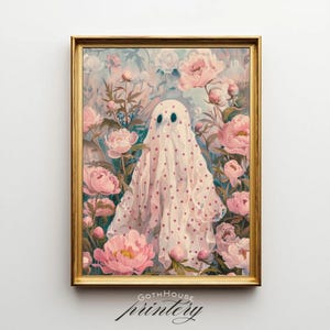 Lámina de pintura de fantasmas / Arte imprimible de fantasmas entre flores silvestres / Arte de pared de Halloween / Decoración espeluznante y linda / Impresión floral de fantasmas / Casa de campo gótica