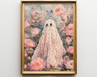 Sheet Ghost Painting | Ghost in Wildflowers Printable Art | Halloween Wall Art | Spooky Cute Decor | Floral Ghost Print | Gothic Farmhouse