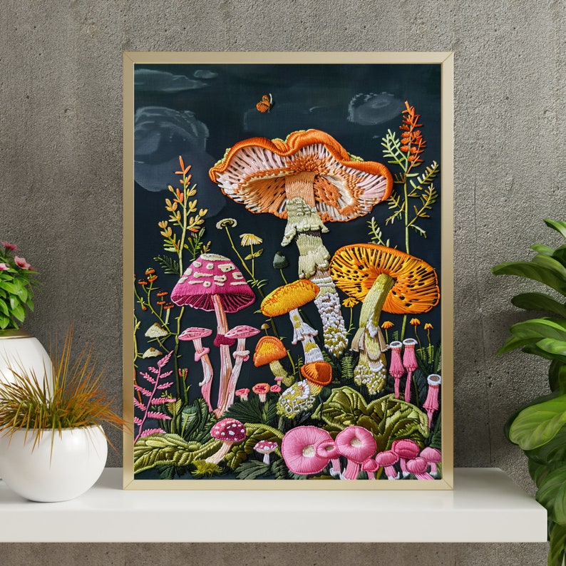 May include: Embroidered artwork featuring a variety of colorful mushrooms on a dark background. The mushrooms are arranged in a cluster, with some overlapping. The artwork is framed in a gold frame.