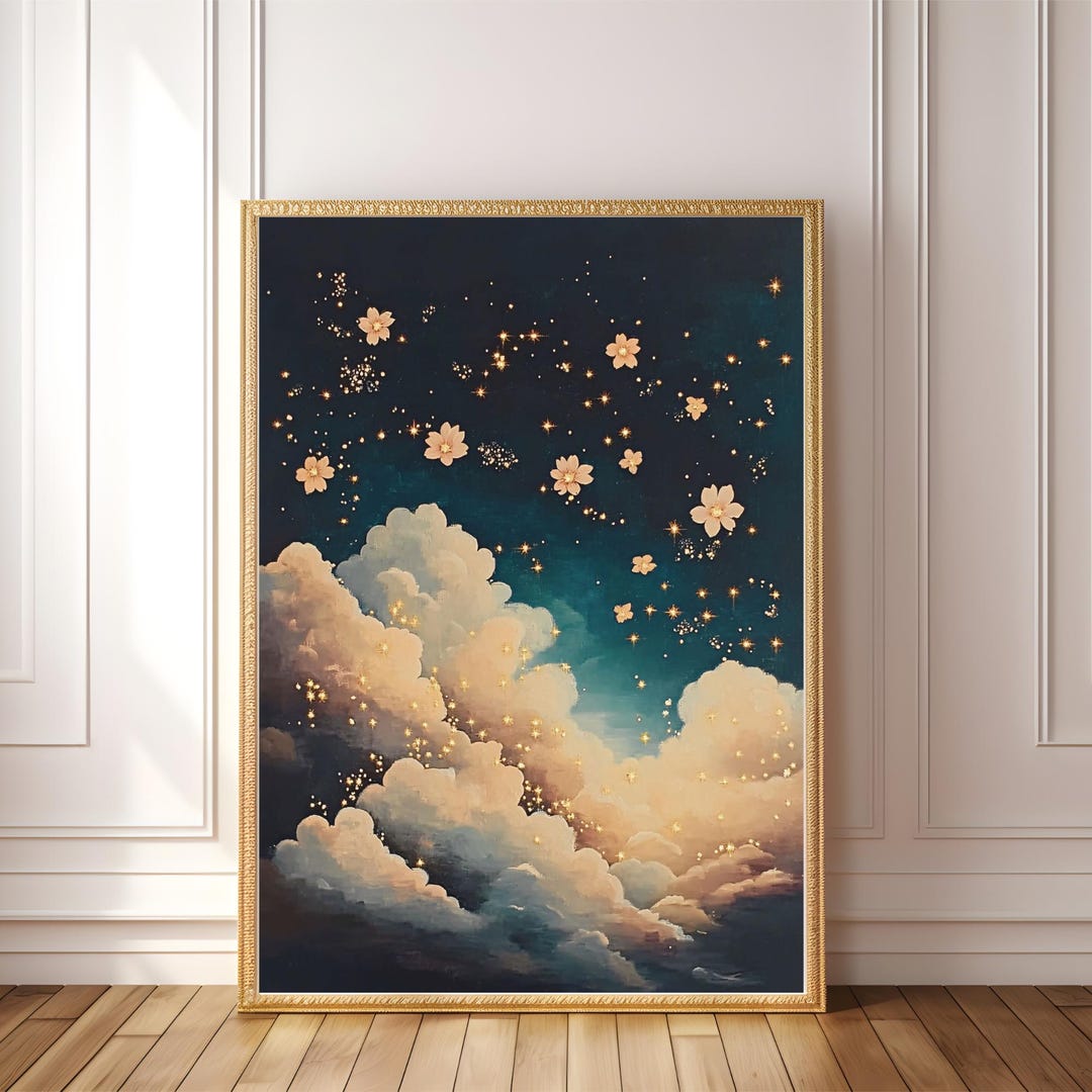 PRINTABLE Floral Cloud Art – Starry Night Sky Wall Decor, Celestial ...