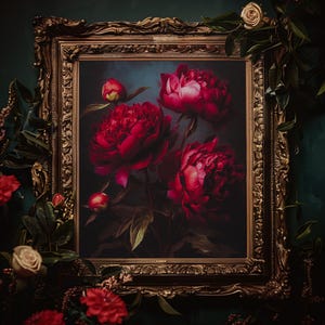 May include: A framed floral print featuring vibrant red peonies. The artwork is set within an ornate, gold-colored frame, with additional floral accents surrounding the frame. The background is a dark teal color, creating a dramatic contrast.