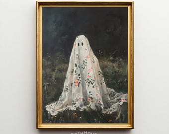 Floral Sheet Ghost Painting | Vintage Ghost Printable Wall Decor | Halloween Wall Art | Moody Farmhouse Wall Art | Dark Cottagecore Ghost