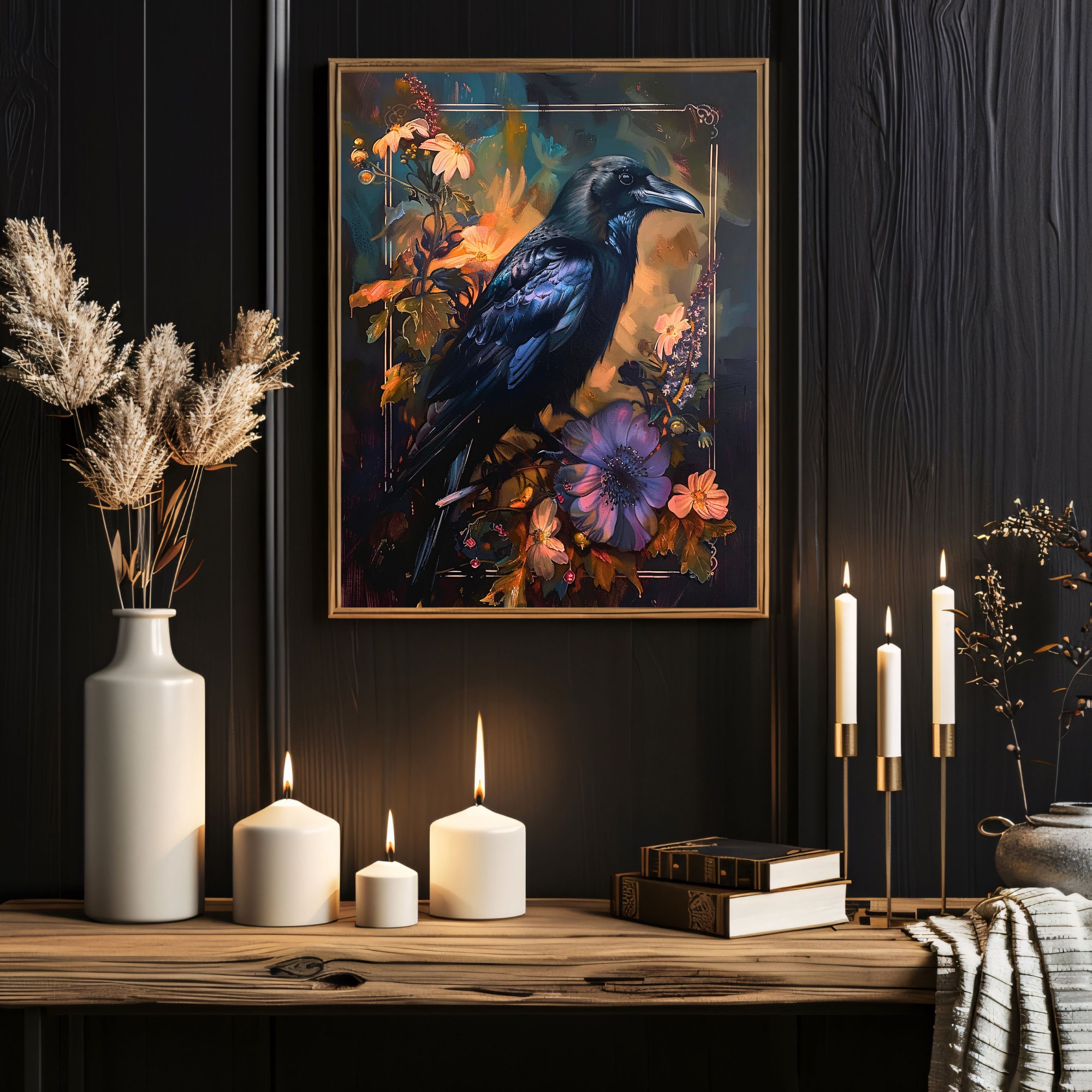 PRINTABLE Moody Floral Crow Oil Painting, Cottagecore Raven, Dark ...