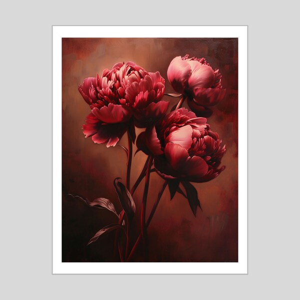 PRINTABLE Peony Painting, Coquette Room Decor, Pink & Red Impressionist Artwork, Victorian Moody Dark Floral Wall Art, Cottagecore Grunge