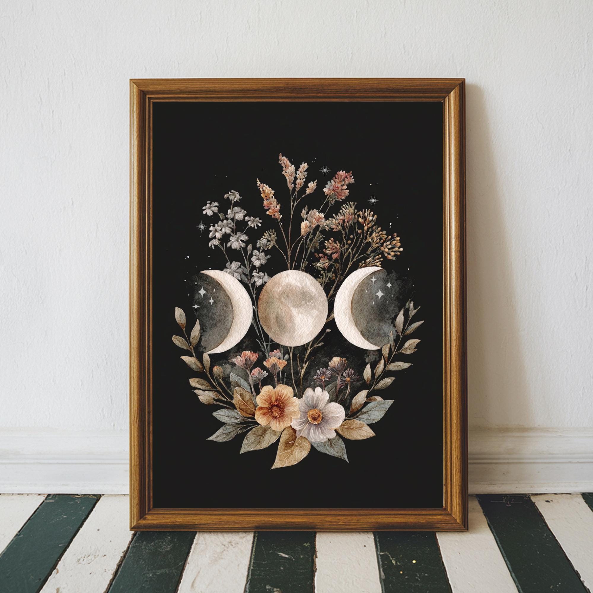 Felix Hernandez 3 Moons アートプリント Triple Moon Goddess Wall Art | Botanical Lunar Phase Art | Gothic