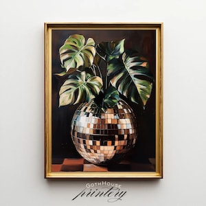 PRINTABLE Disco Ball Wall Art | Monstera Plant | Retro Funky Digital Art| Eclectic Botanical Print | Plant Lover Decor, Moody Glam Decor