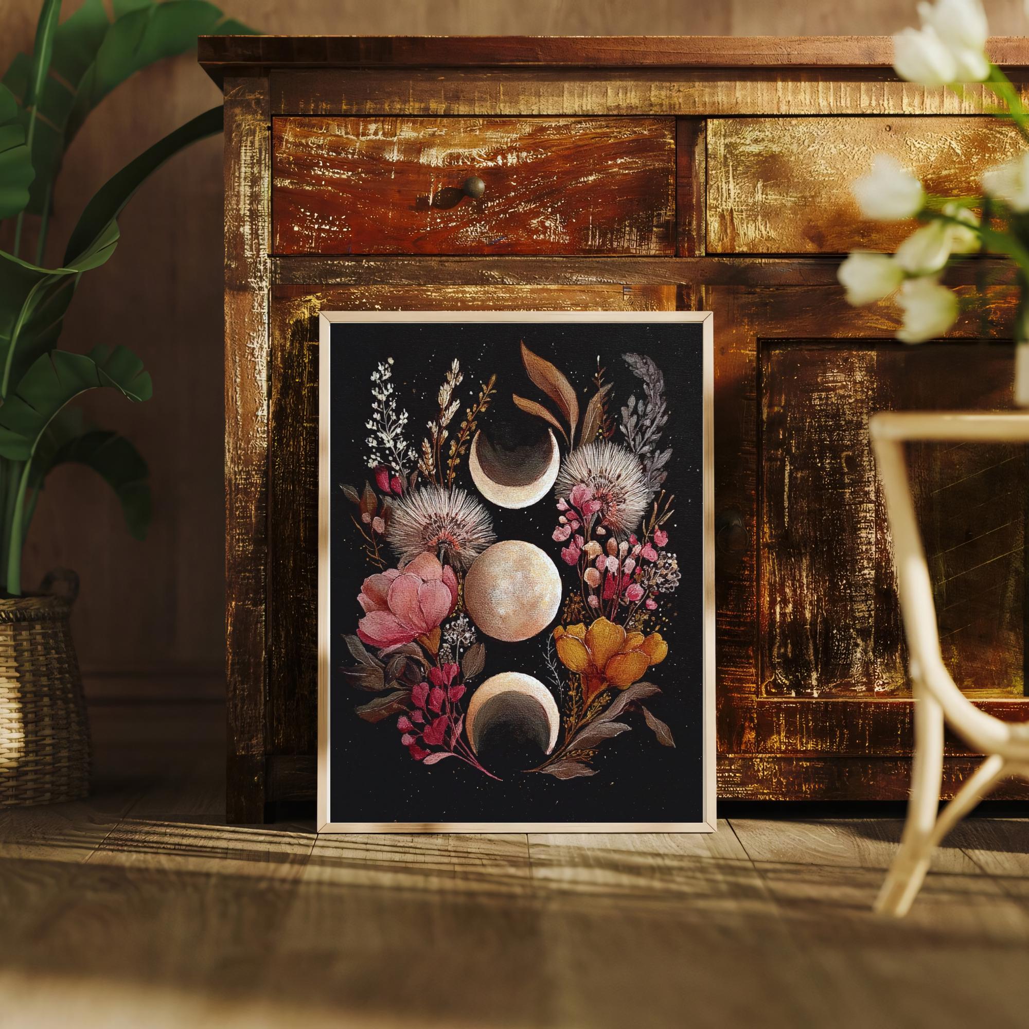 Triple Moon Goddess Print: Botanical Lunar Phase Wall Art (digital