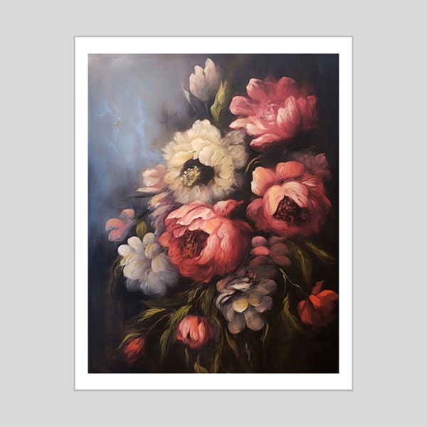 PRINTABLE Dark Moody Floral Oil Painting, Cottage Dark Academia Wall Art, Bold Botanical Flower Print, Whimsigoth Victorian Maximalist Art