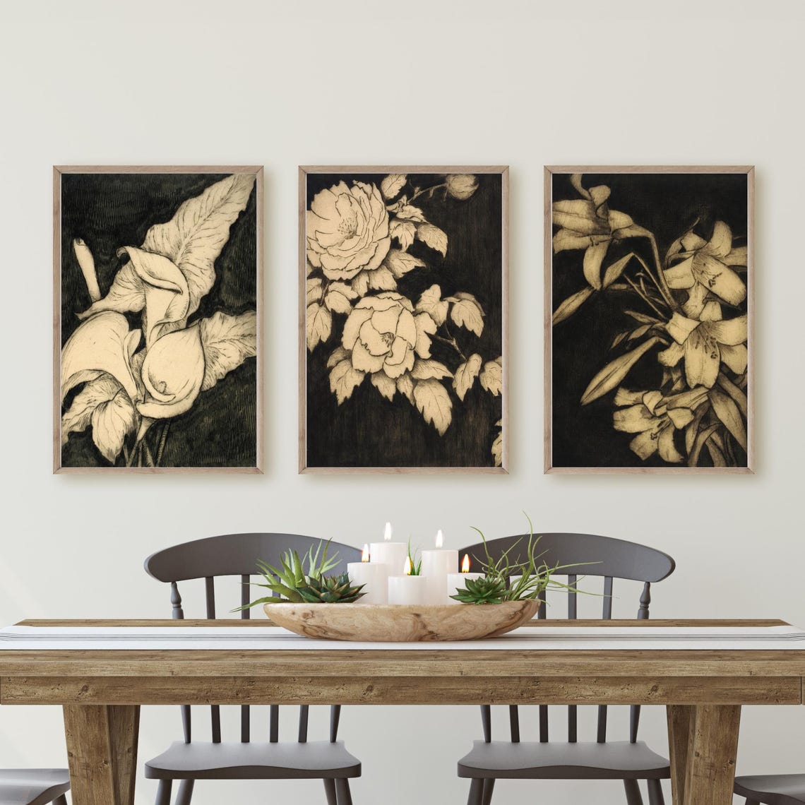 PRINTABLE Vintage Botanical Wall Art | 3 Piece Moody Floral Print ...
