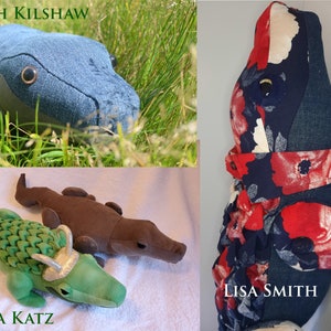Op de afbeelding: Drie handgemaakte pluche alligator speelgoedjes. De eerste alligator is van blauwe denim met een bruine viltneus en zwarte knoopjesogen. De tweede alligator is bruin met een groene viltneus en zwarte knoopjesogen. De derde alligator is groen met een gouden viltneus en zwarte knoopjesogen. De alligators staan op een witte achtergrond. De tekst "SARAH KILSHAW", "SASHA KATZ" en "LISA SMITH" is zichtbaar in de afbeelding.