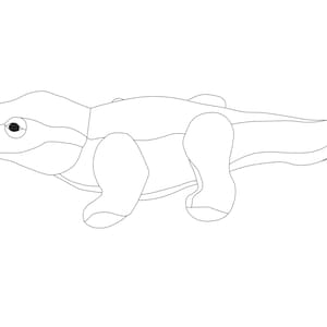 Op de afbeelding: Een zwart-witte lijntekening van een cartoonhagedis met een lange staart.