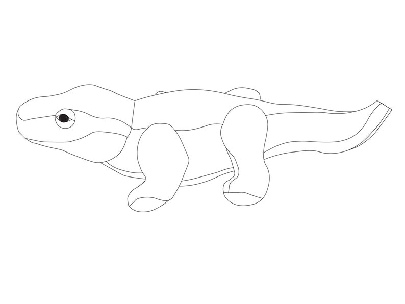 Op de afbeelding: Een zwart-witte lijntekening van een cartoonhagedis met een lange staart.