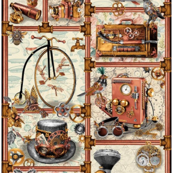 Steampunk Time Traveler Panel from Blank Quilting - Urban Essence Designs - 100% Cotton top hats, train, vintage, Victorian, Dark academ