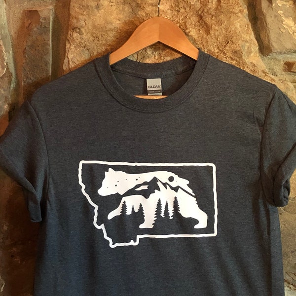 Montana outline Bear mountain and Forest t shirt, Montana souvenir shirt