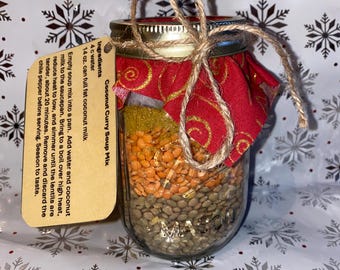 Coconut curry lentil soup mix in a glass jar, Christmas soup gift, quick easy family meal,  gluten free