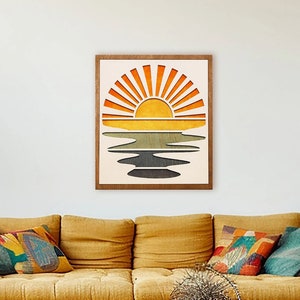 Boho Sunset Wall Art | Beach Sunrise | Retro Ocean Sun | Bohemian Wood Panel