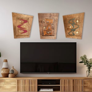 Atomic Era Wall Art Trio | Atomic Mid-century Modern Framed Wood Art | MCM Googie Wall Panels