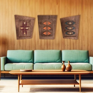 Atomic Era Wall Art Trio | Atomic Mid-century Modern Framed Wood Art | MCM Googie Wall Panels
