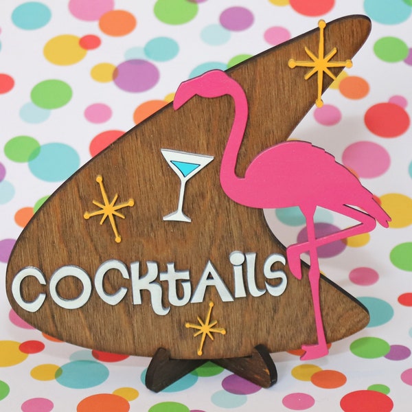 Plaque cocktail Mid-Century Modern Flamingo | Enseigne Boomerang MCM en bois | Décoration de bar tiki