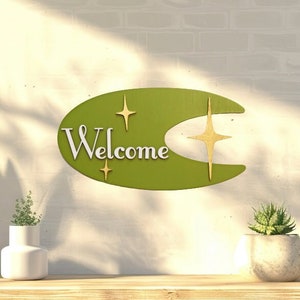 Mid-Century Welcome Sign | Retro Wood Sign | MCM Googie Atomic Art | Mid Century Modern Sign