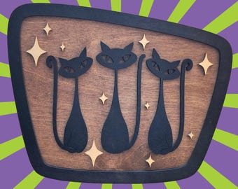 Mid-Century Modern Atomic Cat Wall Art | Retro 3 Mod Cats Decor | Wood Wall Hanging