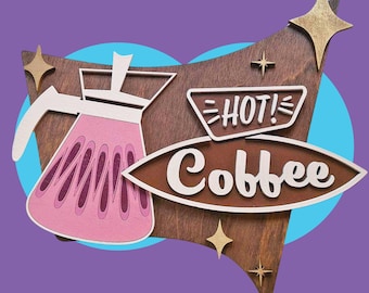 Retro Hot Coffee Sign | Pink Coffee Pot, MCM Kitchen Decor