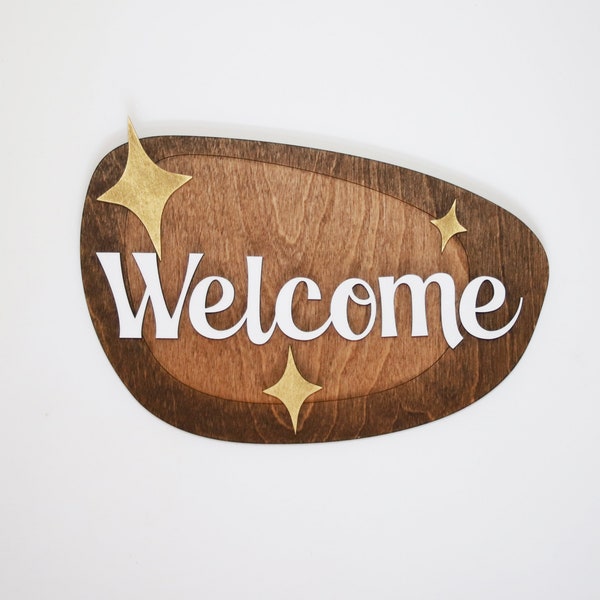 Mid-Century Welcome Sign | Retro Wood Sign | MCM Googie Atomic Art | Mid Century Modern Sign