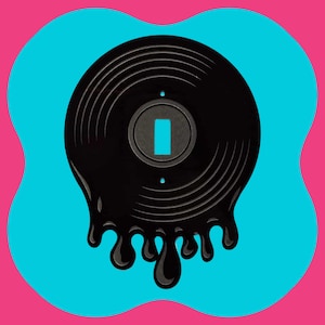May include: A black vinyl record-shaped light switch cover with a blue rectangle in the center. The bottom of the switch cover has a dripping effect. The background is a combination of blue and pink.