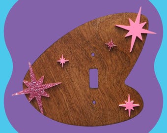 Mid-century Modern Boomerang Light Switch Wall Plate | Atomic Pink Starbursts Switch Cover | Wood and Acrylic | MCM Wall Decor