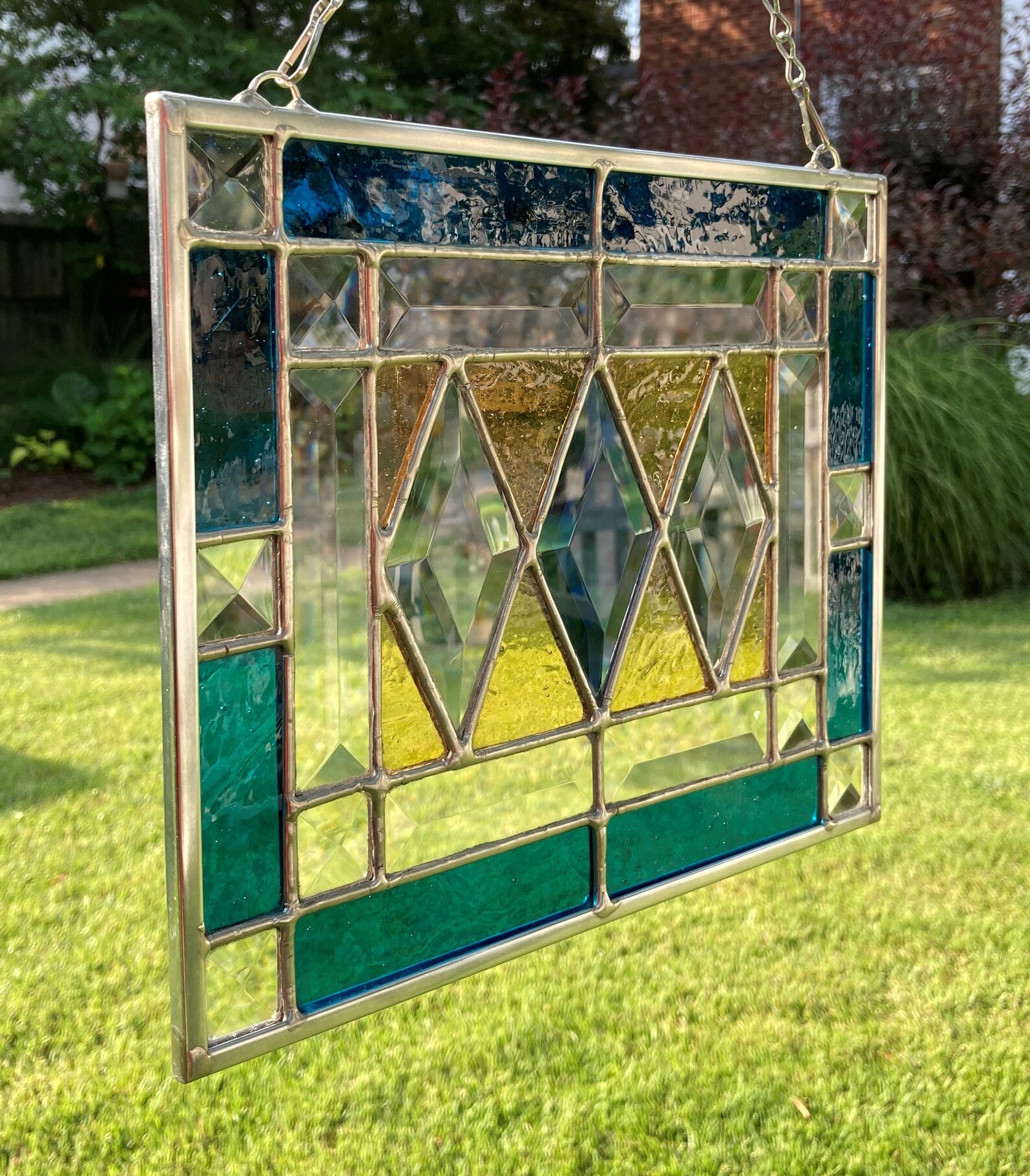 Stained Glass Rectangular Hanging Panel With Three Diamond Etsy