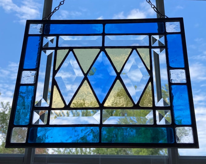 Stained Glass Rectangular Hanging Window Panel With Three Diamond Shaped Bevels Surrounded by