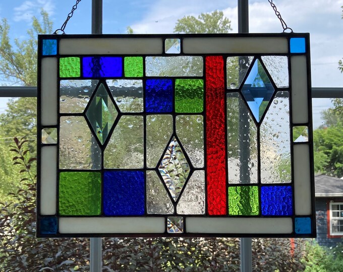 Stained Glass Rectangular Geometric Panel With Diamondshaped Bevels is