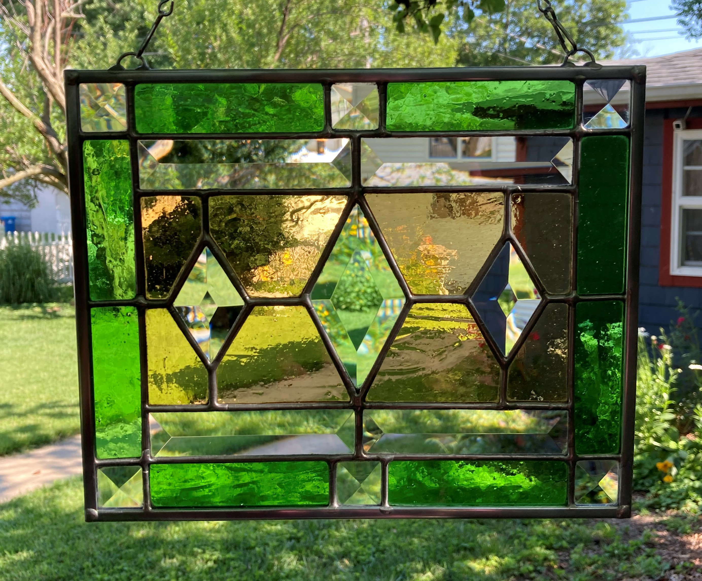 Stained Glass Rectangular Hanging Panel With Three Diamond Etsy