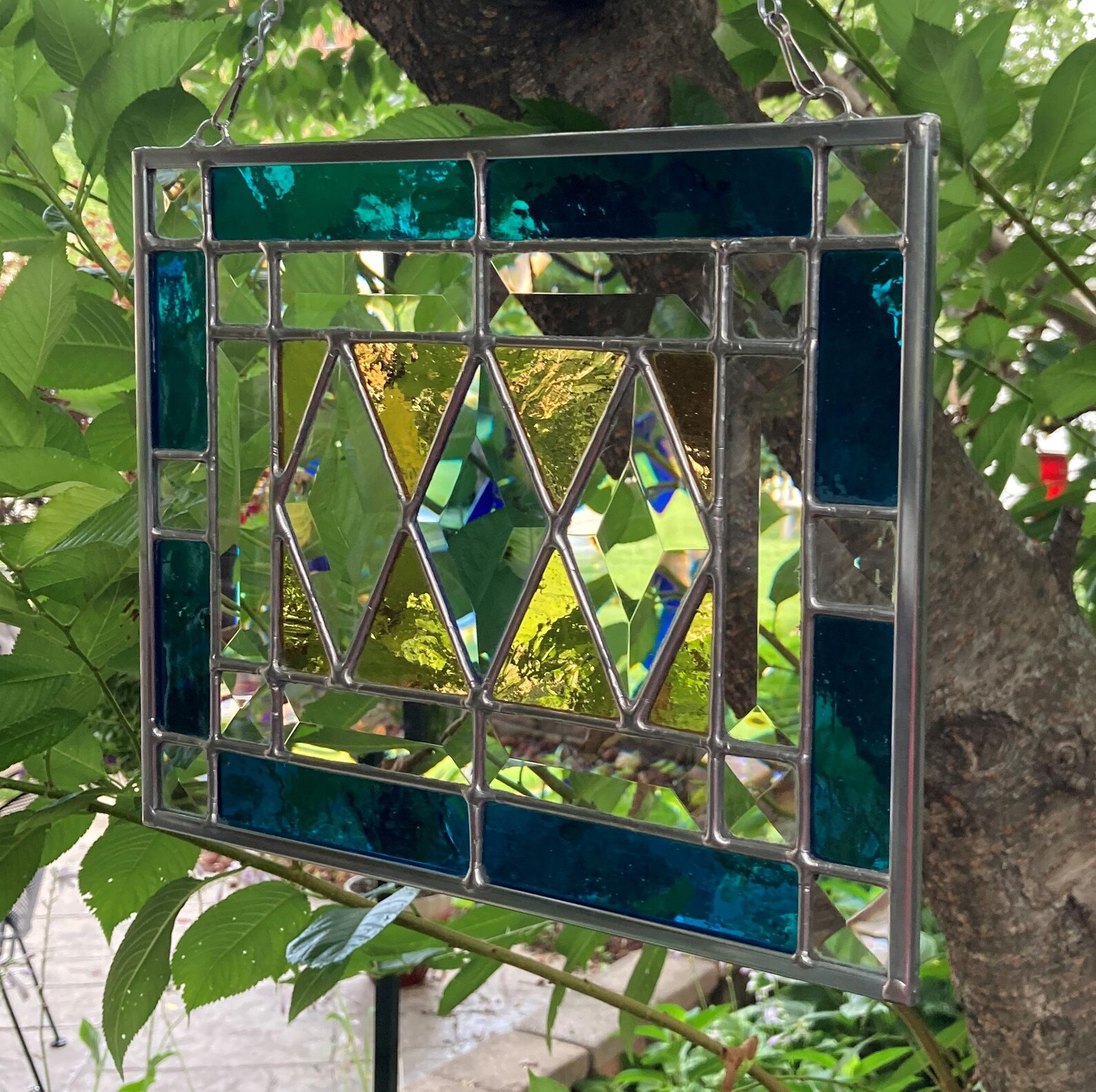 Stained Glass Rectangular Hanging Panel With Three Diamond Etsy