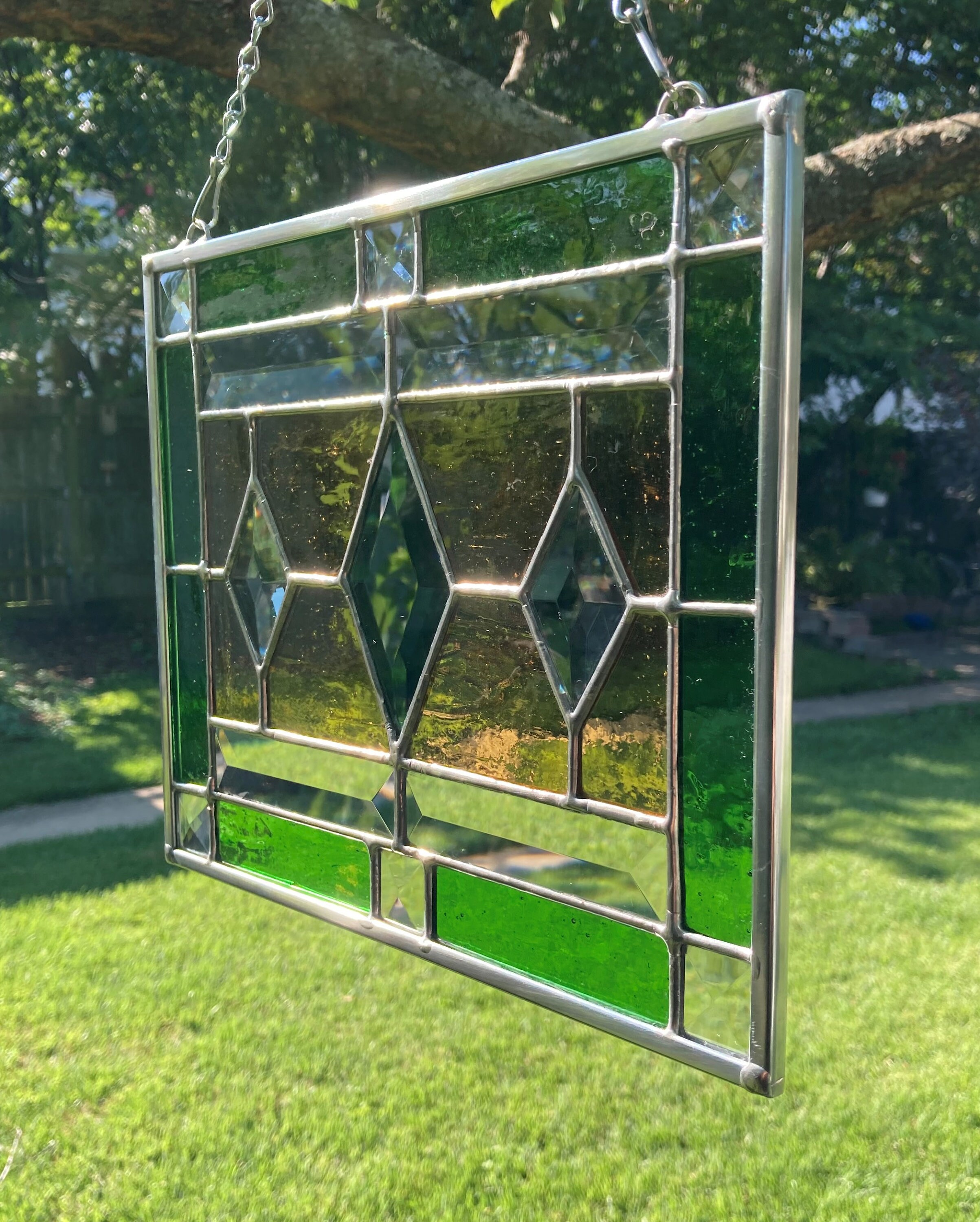 Stained Glass Rectangular Hanging Panel With Three Diamond Etsy