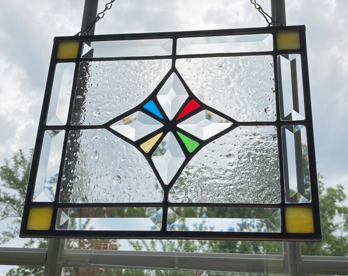 Stained Glass Rectangular Hanging Panel With Four Diamond Etsy