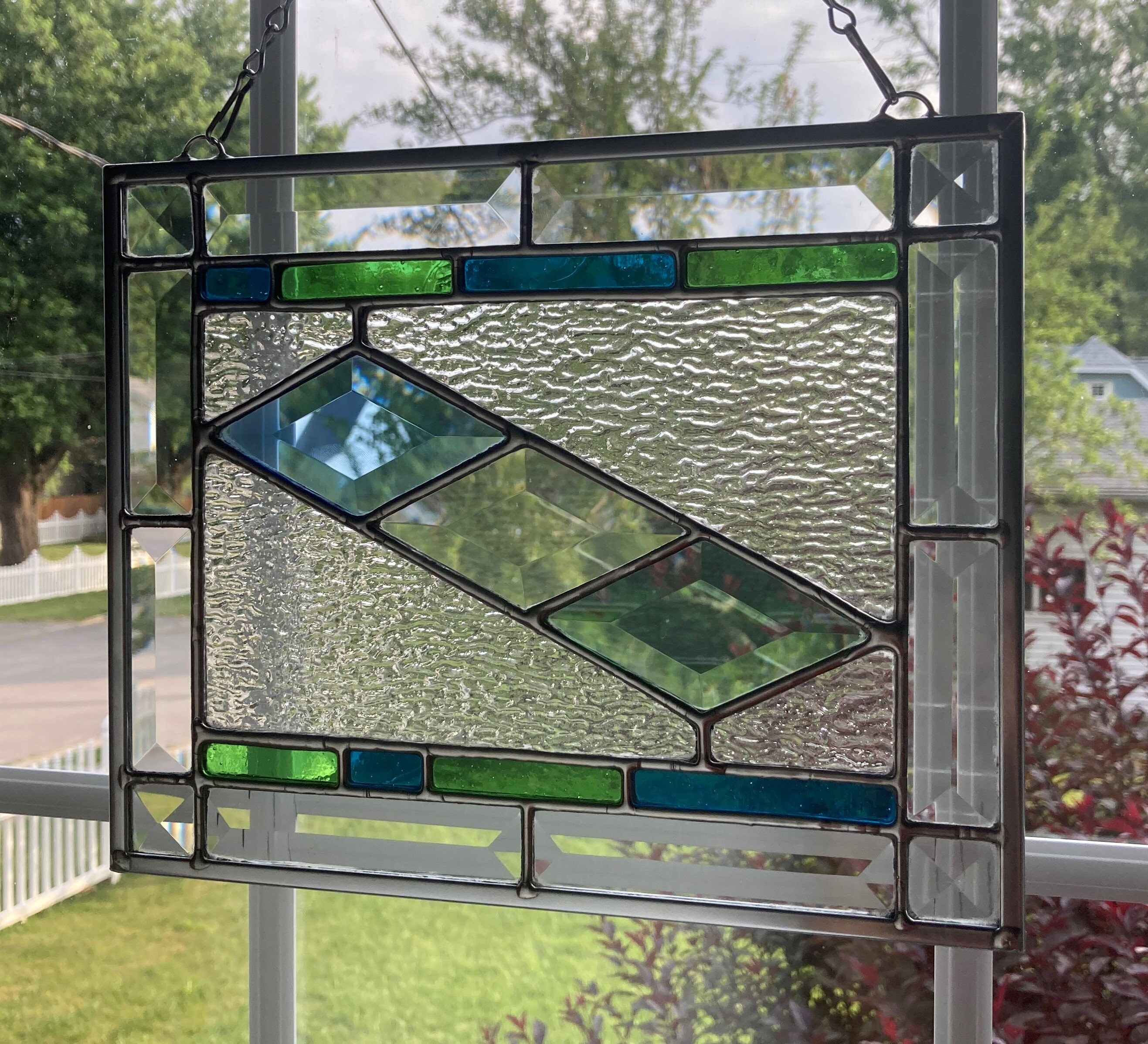 Stained Glass Rectangular Hanging Window Panel With Blue Etsy