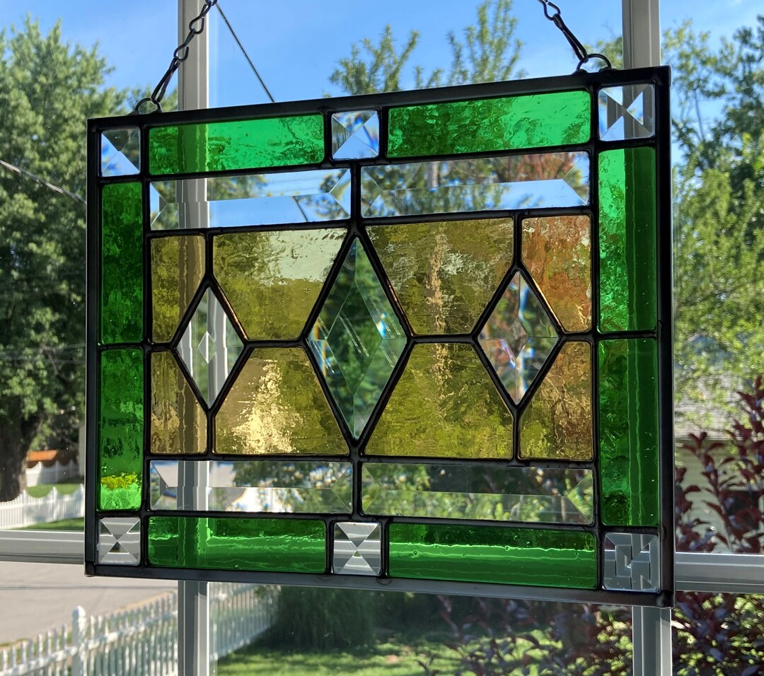 Stained Glass Rectangular Hanging Panel With Three Diamond Etsy