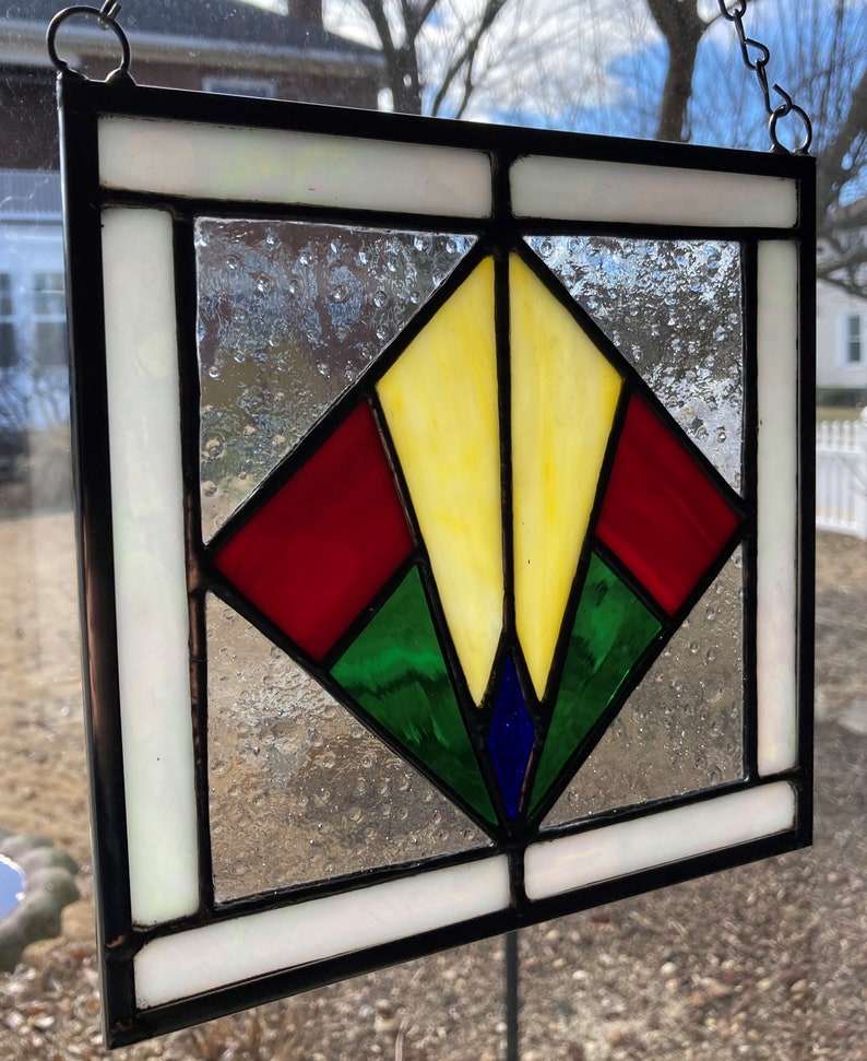 Stained Glass Art Deco Square Hanging Panel Sturdy Zinc Etsy