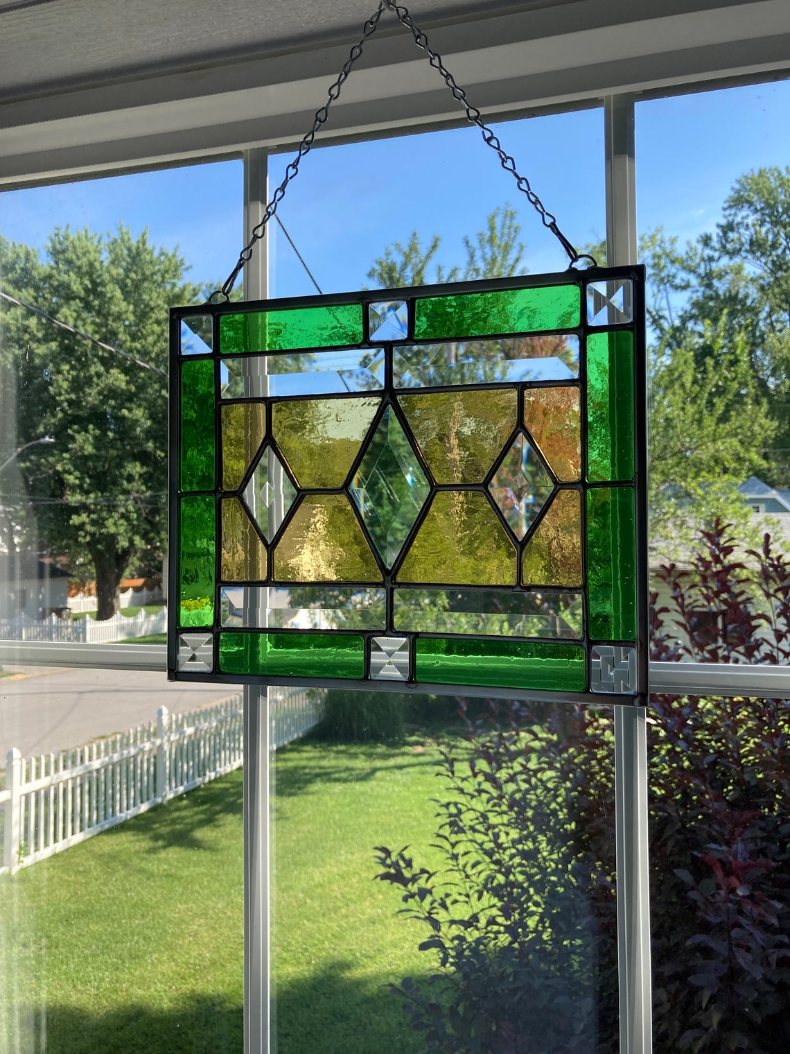 Stained Glass Rectangular Hanging Panel With Three Diamond Etsy