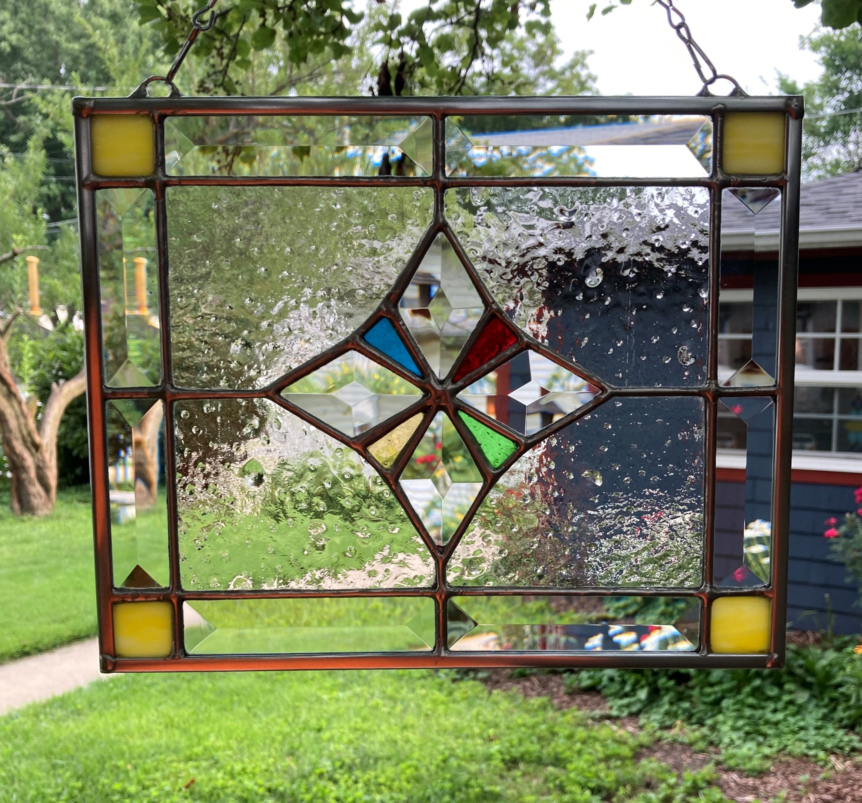 Stained Glass Rectangular Hanging Panel With Four Diamond Etsy