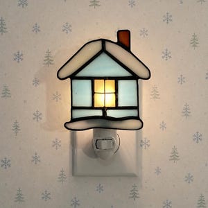Snowy Cabin Stained Glass Night Light, Rustic Winter Haven.