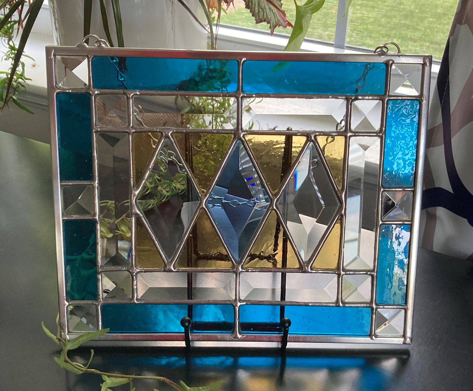Stained Glass Rectangular Hanging Panel With Three Diamond Etsy