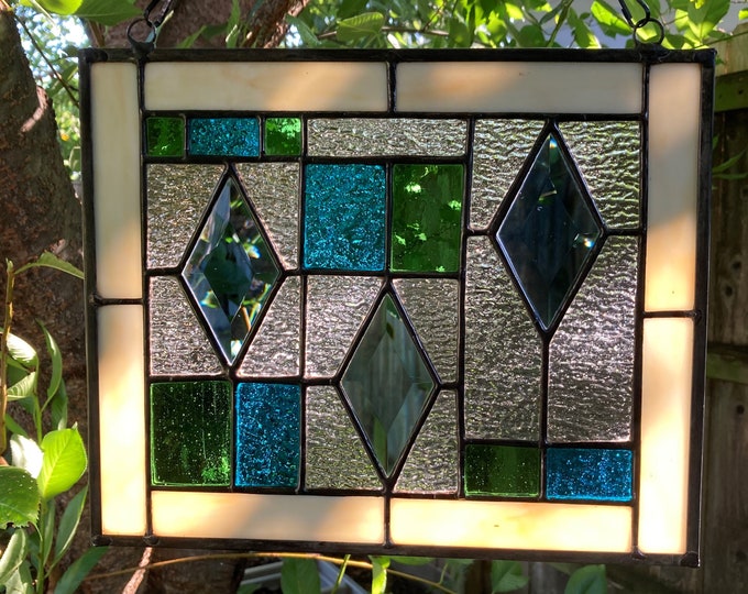 Stained Glass Rectangular Hanging Window Panel With Three Diamond Shaped Bevels Surrounded by