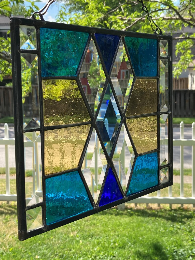 Stained Glass Rectangular Hanging Panel With Clear Border Etsy