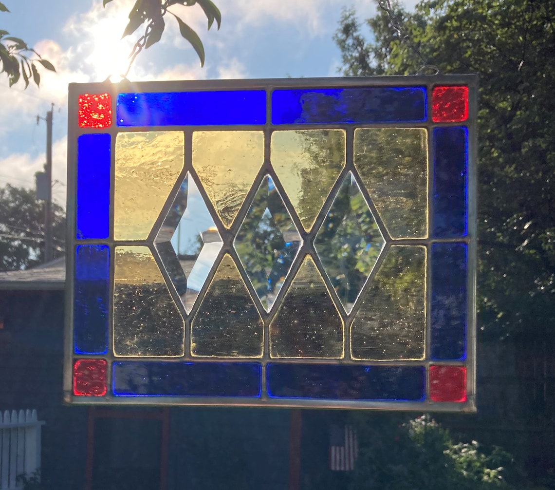 Stained Glass Rectangular Hanging Window Panel With Three Etsy