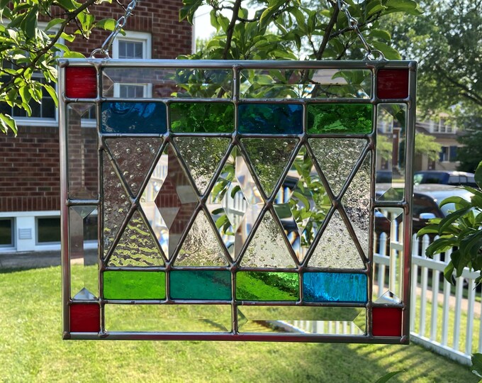 Stained Glass Rectangular Hanging Window Panel With Three Diamond Shaped Bevels Surrounded by